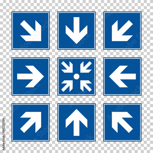 blue emergency exit direction sign set, escape help evacuation, safety assembly point symbol