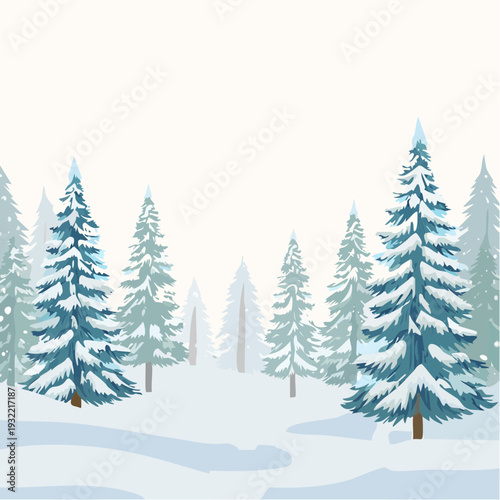 Winter landscape illustration with snow-covered pine trees and gentle hills