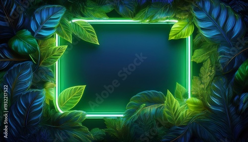 neon frame in lush green foliage