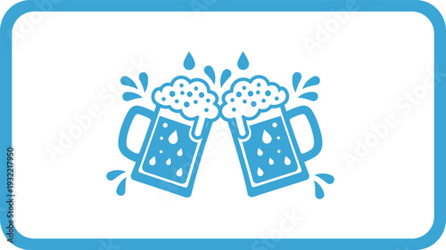 Beer cheers vector icon with clinking mugs and splashing foam, simple blue celebration symbol for pub signs, party invitations, and beverage branding