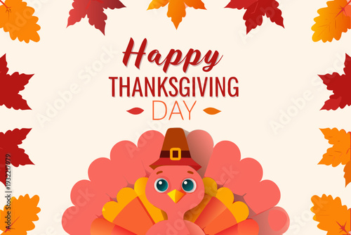 Happy thanksgiving day greeting with a cartoon turkey and autumn leaves