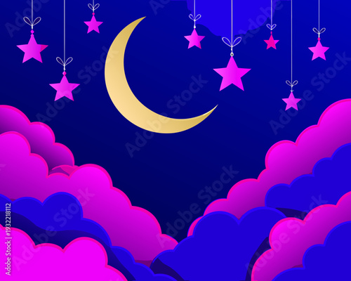 A dreamy night scene featuring a crescent moon stars and fluffy clouds