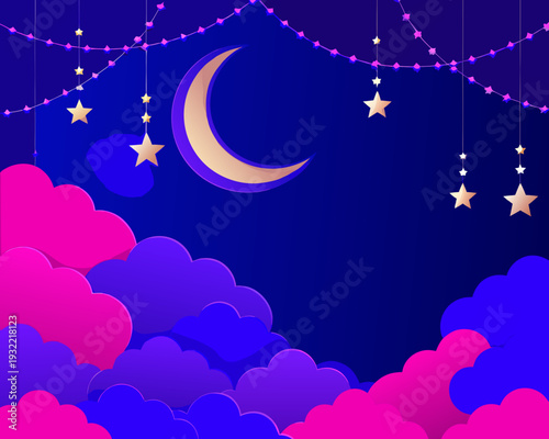 A dreamy illustration featuring a crescent moon stars and fluffy clouds