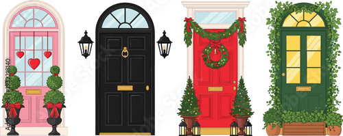 Obraz na plátně Set of four decorative front doors featuring seasonal designs for Christmas Vale