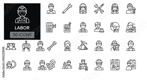 Collection of labor icons in line style for industry and workforce concepts