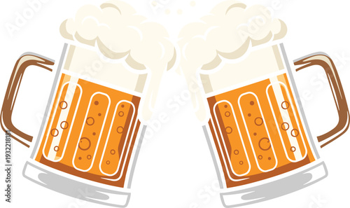 Clinking beer mugs vector illustration with foamy glasses, cheerful toast symbol for celebration, pub culture, Oktoberfest events, and beverage design isolated on white