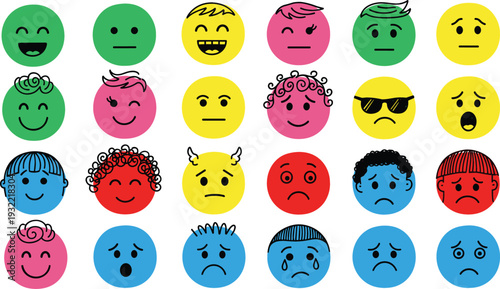 Set of twenty four hand drawn colorful emoticons and faces representing diverse emotions from happy and neutral to sad