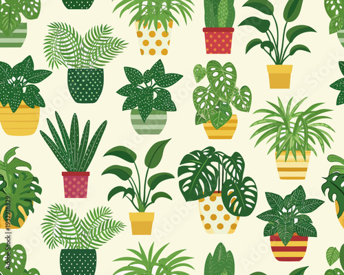 A vibrant repeating pattern of diverse potted houseplants