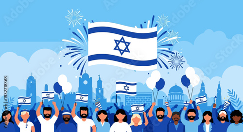 Israeli Flag Celebration with Crowd and Symbols.