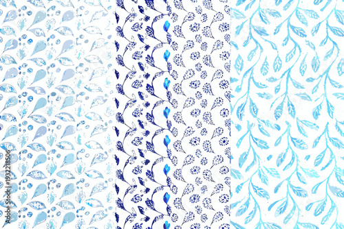 Delicate blue floral patterns create a seamless watercolor style backdrop