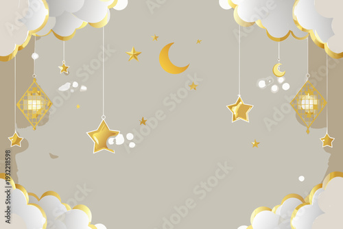 Golden crescent moon and stars with lanterns among fluffy clouds