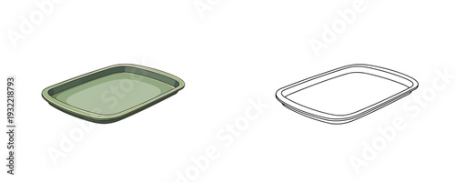 Baking tray in colored cartoon style and black line art version representing green metal oven pan for cooking and roasting isolated on white background