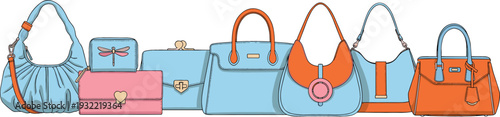Collection of women fashion handbags and purses including tote bags shoulder bags clutches and wallets in blue and orange