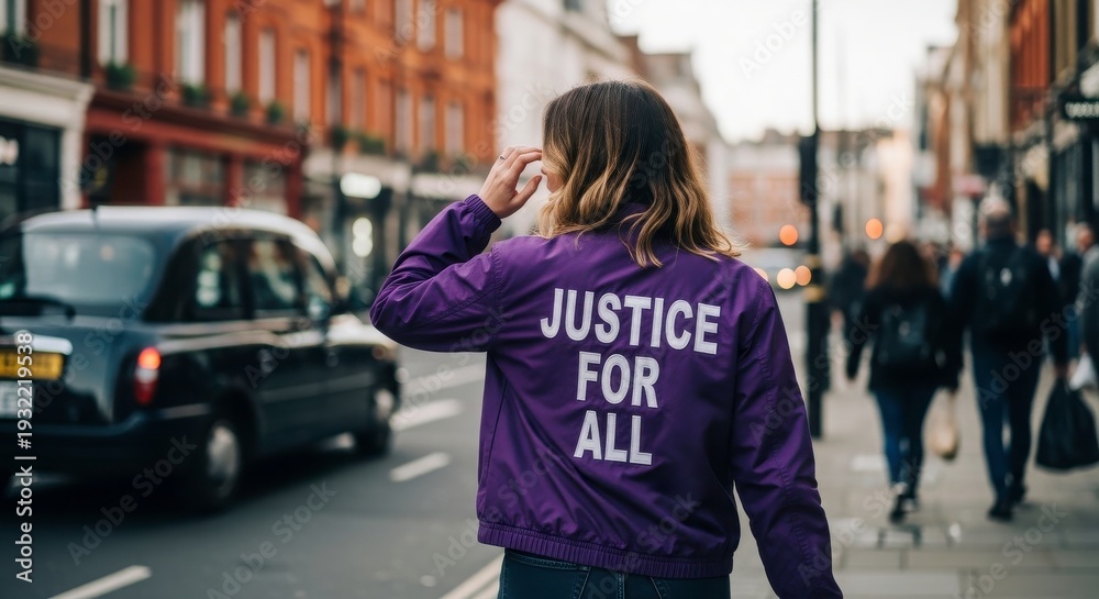 Fototapeta premium Street Justice: A figure walks confidently along a city street, advocating for Justice For All. conveying themes of equality and social awareness.