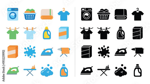 A collection of colorful and monochrome icons representing various laundry and cleaning activities and items, including washing machines, baskets, irons, and detergents.