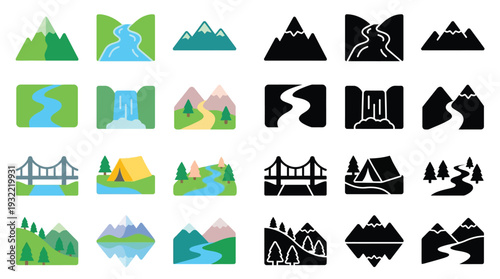 Collection of stylized landscape icons featuring mountains, rivers, waterfalls, bridges, and camping scenes in both colorful and silhouette versions.
