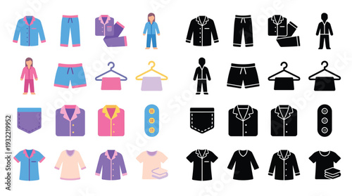 Collection of flat design icons representing various sleepwear and loungewear items for men, women, and children, shown in both color and silhouette.