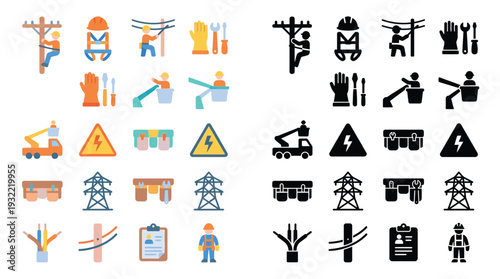 Collection of electrical worker icons and symbols, illustrating power line maintenance and utility services with various tools and equipment.