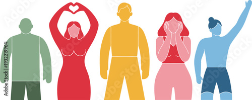 Diverse body positivity illustration featuring inclusive human silhouettes in various shapes and colors for health and wellness design
