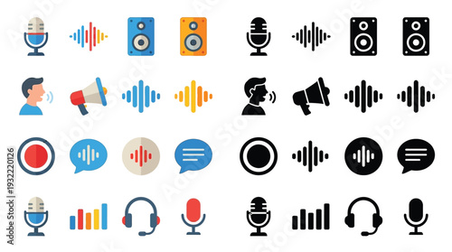 Collection of diverse audio and sound-related icons, including microphones, speakers, sound waves, voice bubbles, and recording symbols in various styles.