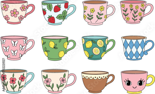 Whimsical hand-drawn teacup and mug collection with floral fruit and butterfly patterns for cafe branding and kitchen decor