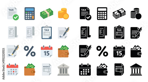 Collection of financial and business icons in both color and silhouette, representing various aspects of finance and accounting.
