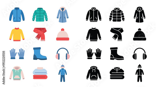 Collection of winter clothing and accessories icons, presented in both colorful and silhouette styles for diverse design applications.