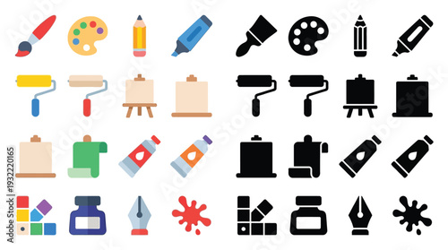 Collection of colorful and monochrome art supplies and tools for painting and drawing, presented in a grid layout.