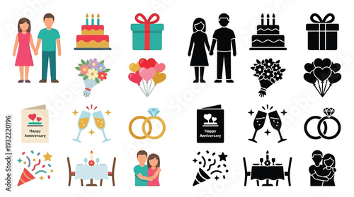 Collection of colorful and black and white icons representing romantic events, celebrations, and relationships, including couples, gifts, cakes, and rings.