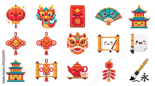 A collection of cute, kawaii-style Chinese New Year icons featuring traditional symbols like lanterns, dragons, and red envelopes.