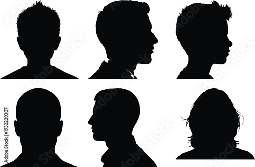Collection of diverse male head silhouettes, showcasing profiles and rear views, representing identity, anonymity, and user avatars in a clean, graphic style.