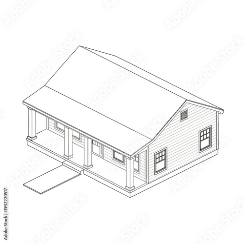 Simple house with porch and gable roof architectural drawing.