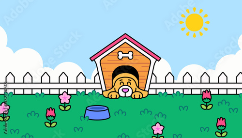 Cartoon illustration of a happy dog resting inside a wooden doghouse in a sunny backyard. Perfect for pet care, animal, home garden, and outdoor lifestyle concepts.