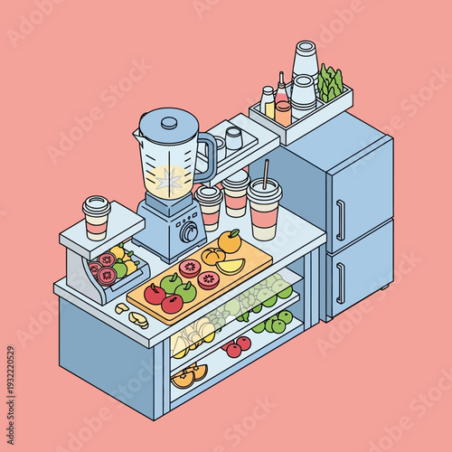 Isometric kitchen counter with blender and fresh fruits.