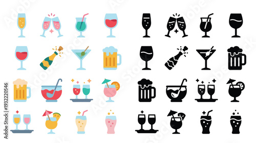 Collection of colorful and monochrome icons representing various alcoholic and non-alcoholic beverages and barware.