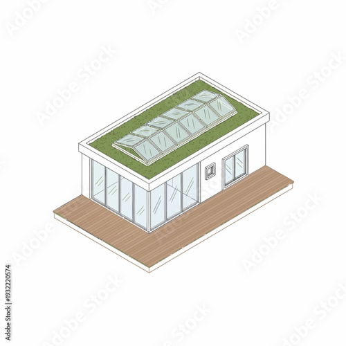 Modern minimalist house with green roof and glass facade.