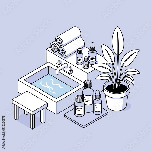 Isometric Bathroom Scene with Skincare Products and Potted Plant.