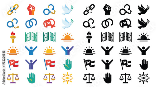 A collection of diverse icons representing social justice, human rights, and freedom, presented in both color and black and white.