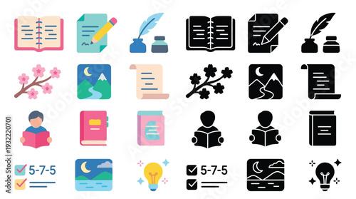 Collection of flat design icons representing writing, reading, nature, and creative ideas.