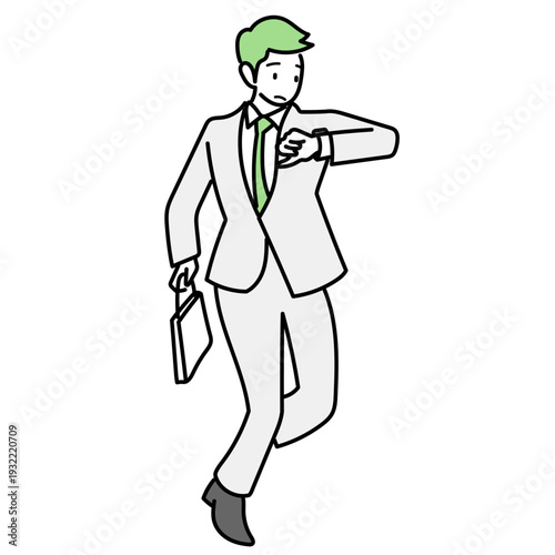 腕時計を見て時間に焦りながら急ぐスーツ姿のビジネスマン｜遅刻やアポイントメントの時間に間に合わない様子を描いたビジネスイラスト