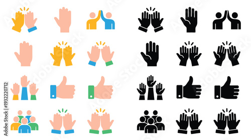 Collection of high-five and clapping hand gesture icons in various styles and colors, representing success and agreement.