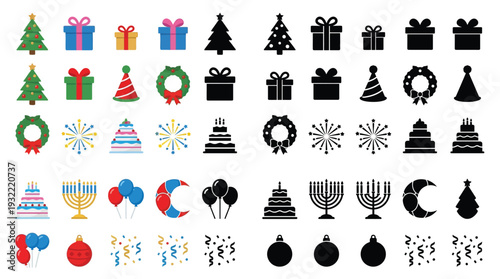 Collection of festive holiday icons including Christmas trees, gifts, menorahs, cakes, fireworks, and party hats.