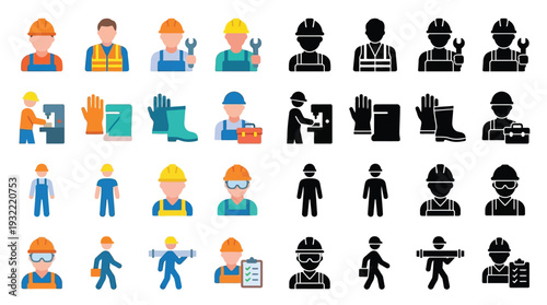 Collection of diverse construction worker icons in both color and silhouette, representing various roles and safety gear.