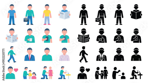 A comprehensive collection of diverse human icons representing various activities, professions, and relationships, presented in both flat and silhouette styles.