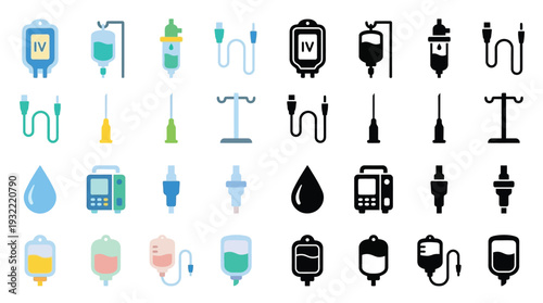 Collection of medical infusion icons representing IV bags, stands, pumps, and drops in various colors and styles.