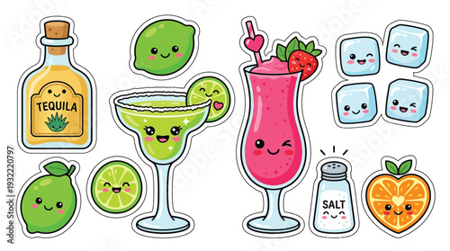 A collection of cute, kawaii-style illustrations featuring alcoholic beverages, cocktail ingredients, and bar accessories with adorable facial expressions.