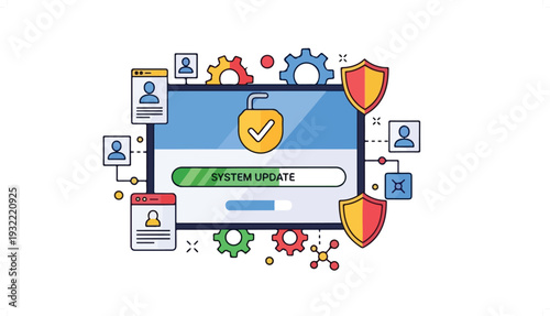 Digital system update process with security features, user profiles, and network connections.
