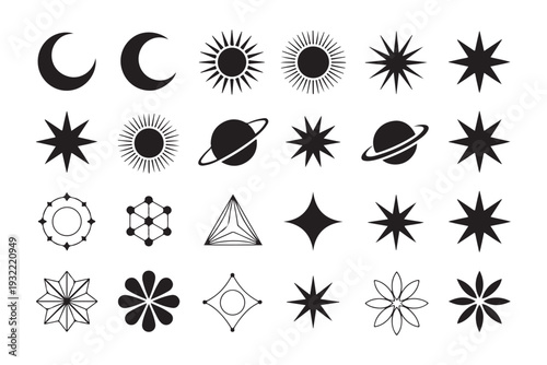 Set of celestial and geometric shapes with moons suns stars and planets line art and solid icons