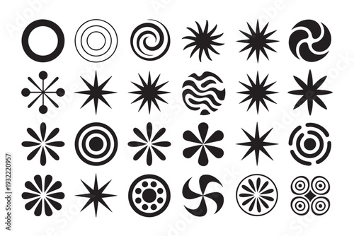 Collection of abstract circles spirals and starburst shapes for modern design elements