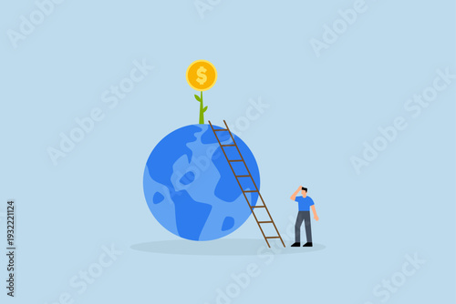 Global investment opportunity, Businessman preparing to ascend ladder on globe in order to reach money plant